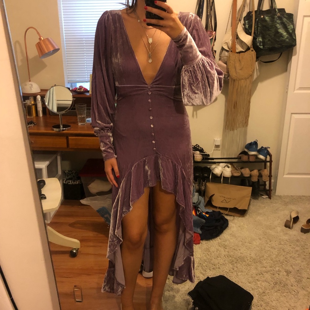 NWT For Love & Lemons purple maxi hi low dress M